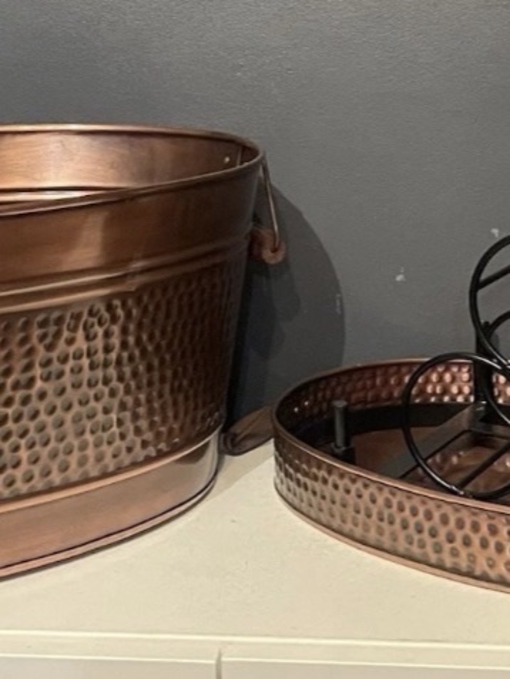 3-Pc Hammered Copper Finish Bar Set Beverage Bucket Tray 6-Bottle Wine Rack